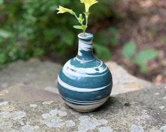 Flower Bomb | Small Handmade Ceramic Bud Vase | Turquoise and White Marbled Clay Pottery | 5.5” tall | Marbled Collection
