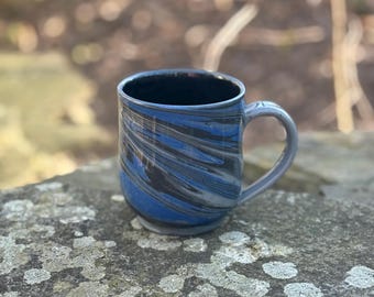 Shadow Current | Handmade Ceramic Mug | Dark Blue, Grey and Black Marbled Clay Pottery | 12 oz | Marbled Collection