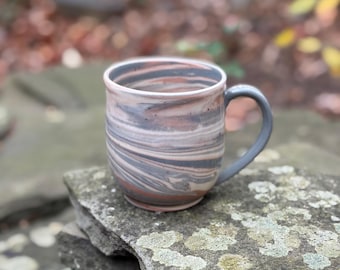 Blue Ash & Blush | Handmade Ceramic Mug | Light Blue Grey, Pink, and Ivory Marbled Clay Pottery | 14 oz | Marbled Collection