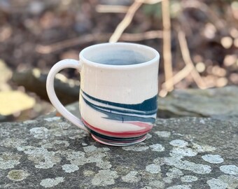 Low Horizon | Handmade Ceramic Mug | Marbled Pottery in Cream, Rosy Red, and Teal | 12 oz | Marbled Collection
