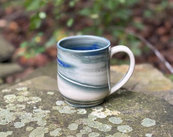 Open Field | Handmade Ceramic Mug | Gradient Greens, Deep Blue, and Cream Marbled Clay Pottery | 14 oz | Marbled Collection