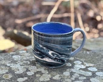 Blue Jupiter | Handmade Ceramic Mug | Teal, Black, and Cream Marbled Clay Pottery | 14 oz | Marbled Collection