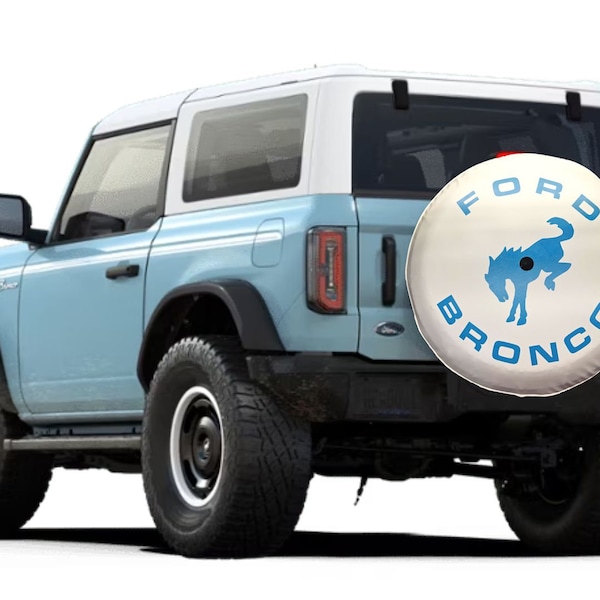 Klassischer weißer Bronco - in den USA hergestellte SpareCover® Marke - Hergestellt für die 6th gen Bronco Heritage Edition - Robin's Egg Blue mit weißem Rand und Innenfutter