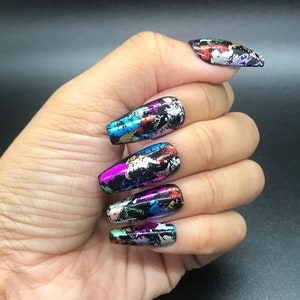 Black Press On Nails with Blue Red Silver Gold Pink Purple Foil Nail Art Multi Color Press On Nails Gel Nails Coffin Nails Gel X Press On