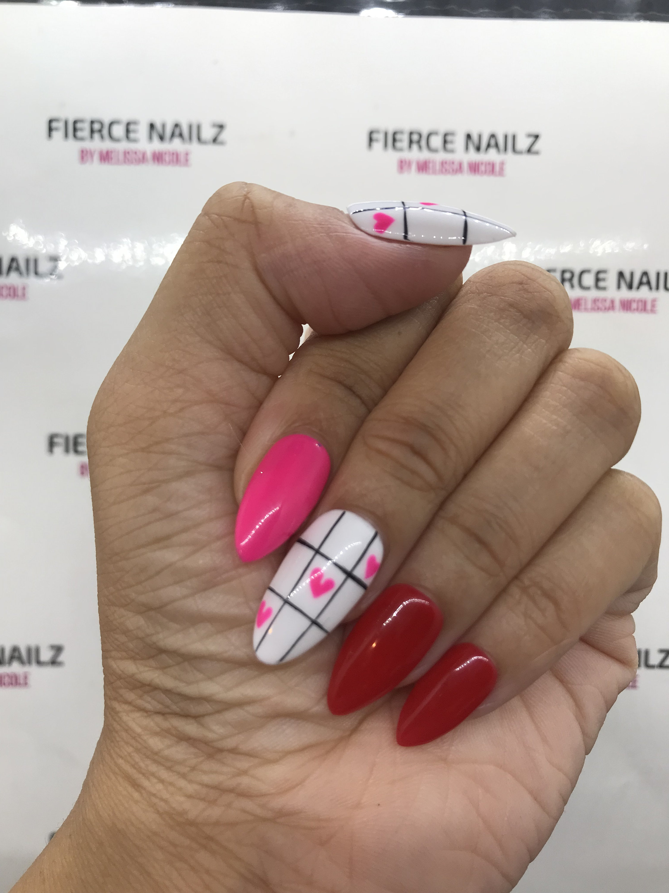 Pink Red White Tic Tac Hearts Nail Art Almond Shape Press On Etsy