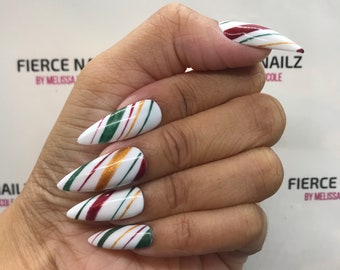 Candy Canes Press On Nails Nail Art Colorful Red Green Gold White Press On Nails Holiday Nails Gel Nails Christmas Press Ons Gel X