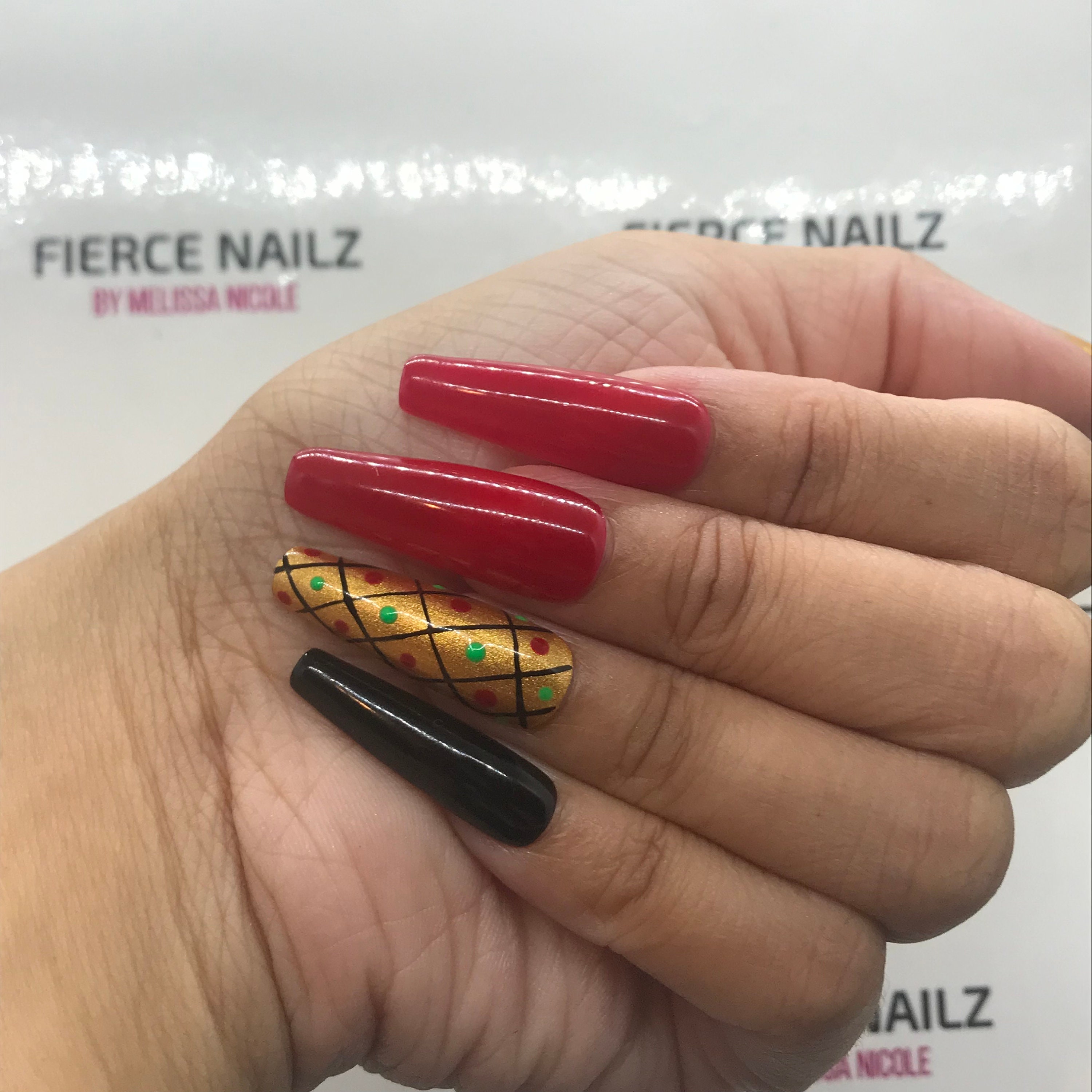 Red Black Gold Green Dot Line JUNETEENTH Coffin Shape Press on - Etsy