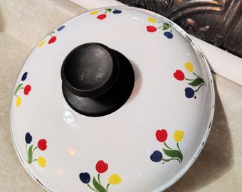 Vintage Tulip Tyme Large Pot LID Enamelware Baking, JMP Marketing 1970s-80s Primary Colors, Spring Summer