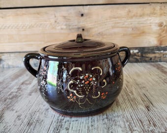 Vtg Relco Red-ware Brown Betty Redware Bean Pot Handpainted Moriage Japan w/ Lid