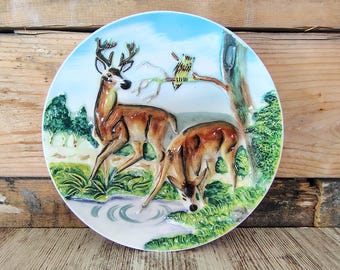 Vintage RARE 1970s Glazed Ceramic 3D Wall Art Plate - Deer & Owl Forest Scene