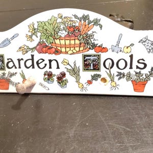 Vtg Garden Tools 17x5.5" Ceramic Wall Hanging Tool Caddy with Wood Pegs 1993 Veggie Flowers