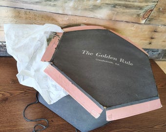 Vintage 1950s Pill Hat Box Cardboard Golden Rule Crawfordsville, Ind. Pink/Black