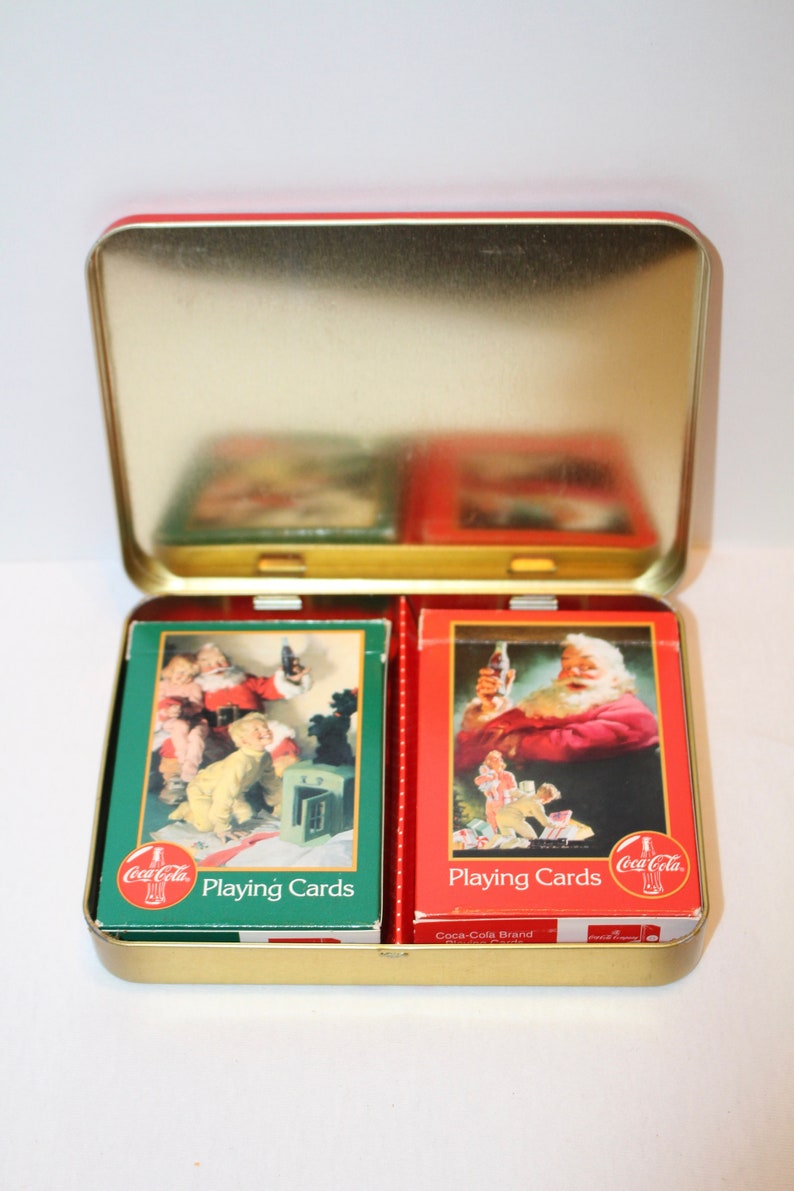 Vintage Collectible Coca Cola 1996 Set of 2 Decks Playing Cards and Metal Storage Tin Coca Cola 1952 Santa and 1964 Christmas Morning