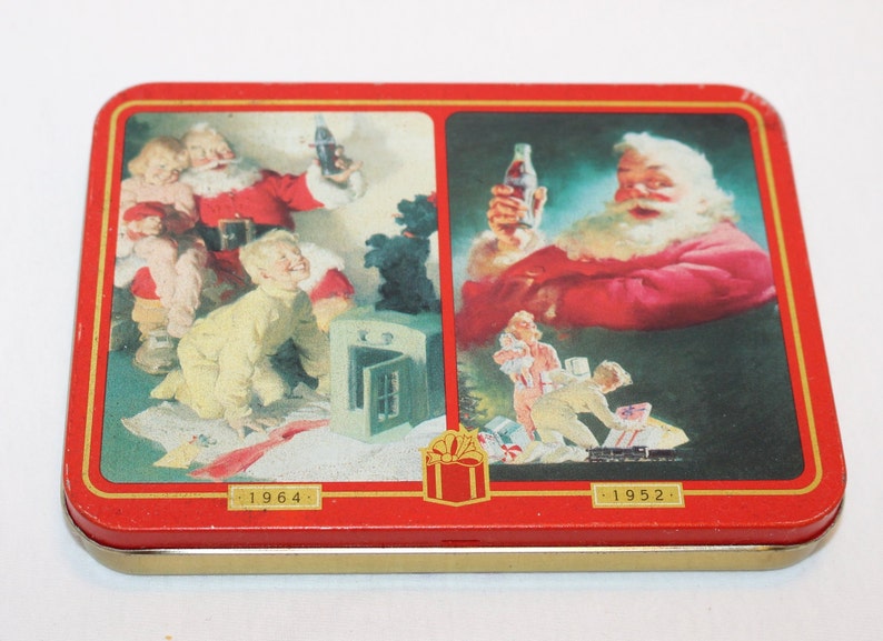 Vintage Collectible Coca Cola 1996 Set of 2 Decks Playing Cards and Metal Storage Tin Coca Cola 1952 Santa and 1964 Christmas Morning