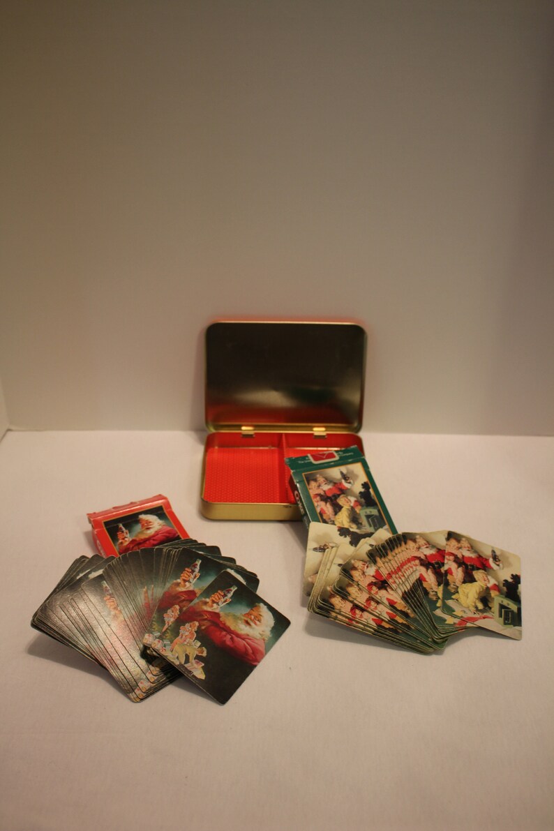 Vintage Collectible Coca Cola 1996 Set of 2 Decks Playing Cards and Metal Storage Tin Coca Cola 1952 Santa and 1964 Christmas Morning