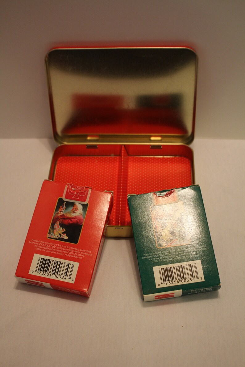 Vintage Collectible Coca Cola 1996 Set of 2 Decks Playing Cards and Metal Storage Tin Coca Cola 1952 Santa and 1964 Christmas Morning