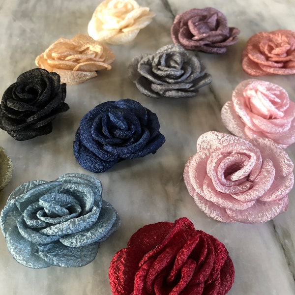 Small Shimmer Satin Rose, Layered Rosette Flowers Silk Burnt Burned Edges 2.25" DIY Headbands Hair Clips, Singed Edge Satin Rose Heads