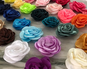 Small Satin Rose Layered Rosette Flowers Silk Burnt Burned Edges 2.25" DIY Headbands Hair Clips, Singed Edge Satin Rose Heads