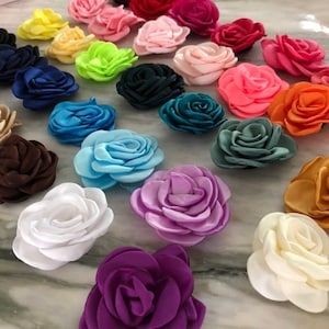 Small Satin Rose Layered Rosette Flowers Silk Burnt Burned Edges 2.25" DIY Headbands Hair Clips, Singed Edge Satin Rose Heads