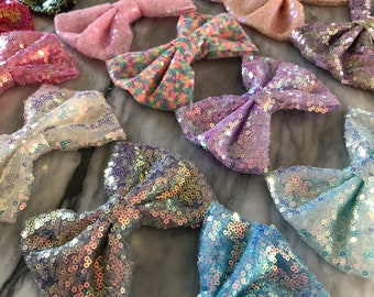 5 Inch Iridescent Sequin Bow WITH or WITHOUT Clip, Large Glitter Bow, Shiny DIYBows, DIY Hair Bows, Soft Bows, Wholesale Bows
