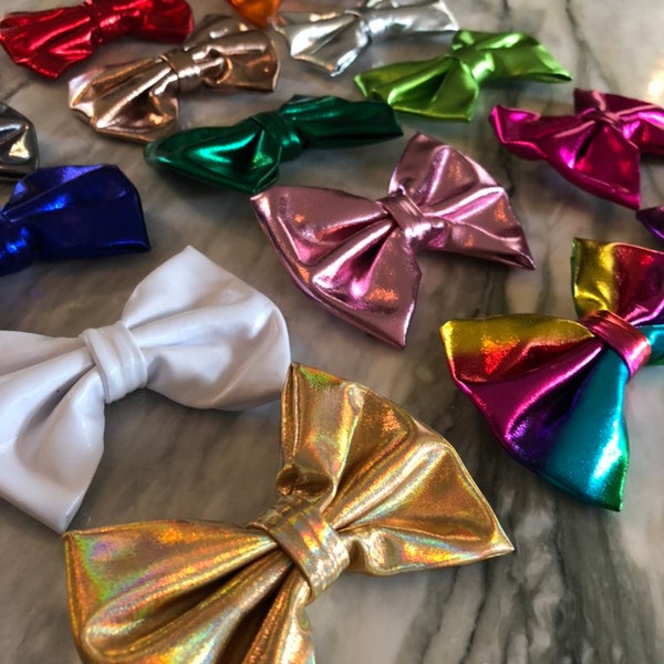 4" Metallic Shiny Bows, DIY Headband Bow WITH or WITHOUT Clip Fabric Bows Purple Red Silver Light Pink Brown Green Grey, Your Choice