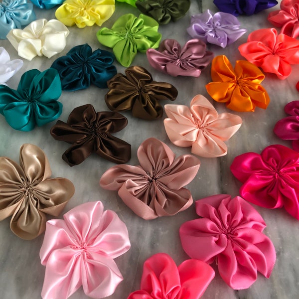 2.75 Inch Satin Ribbon Flowers, 36 COLORS, Small Fabric Flower Embellishment, Flower Heads, Crafting Fabric Flowers