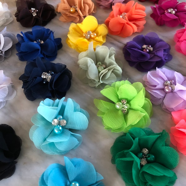Soft Fabric Flower 2 inches with Pearl and Rhinestone Center, Shabby Chic Chiffon Flower Heads, Craft Supplies, Tutu Dress Flowers