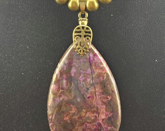 121 Pinkish Purple Agate Pendant Necklace and Earrings Set with Bronze Findings