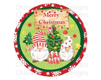 Gnomes Merry Christmas Digital Download PNG Printable Round Circle Sign Ornament Tree Presents