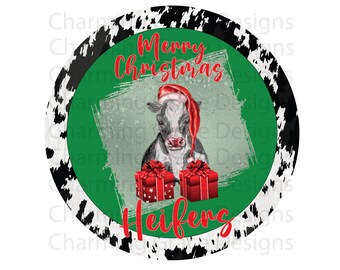 Merry Christmas Heifers Cow Digital Download PNG Printable Round Circle Sign Ornament