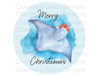 Stingray Christmas Hat Watercolor Digital Download PNG Printable Round Circle Sign Beach Coastal Ornament