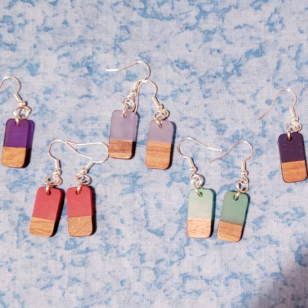Resin and Wood Petite Rectangle Earrings - Pick Your Color