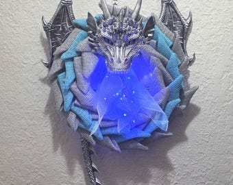 Ice Dragon Wreath - Silver & Blue - Poly Burlap Mesh - Lighted - Handmade