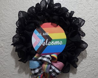 Inclusive Wreath - ALL are Welcome - LGBTQ+ - Burlap
