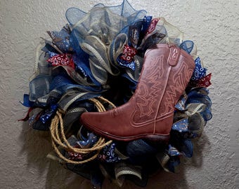 Western Boot Wreath - Deco Mesh and Ribbon - Handmade