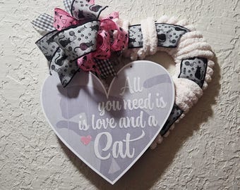 Cat Lovers Wreath - Yarn Wrapped Heart - Ribbon