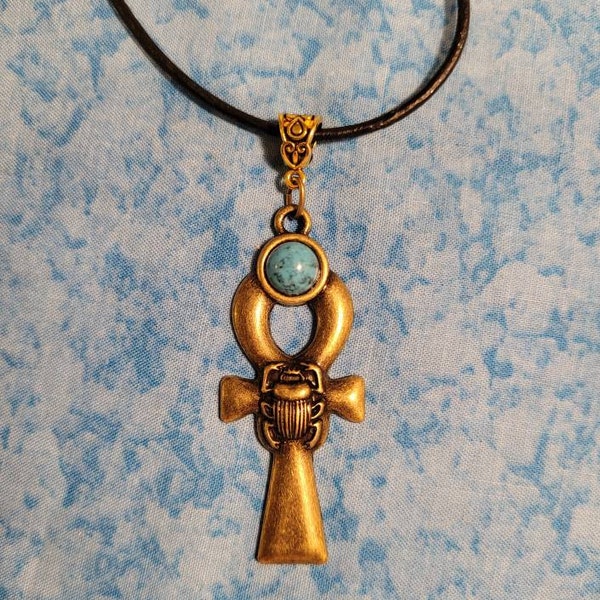 Ankh & Scarab Necklace - Gold Tone with Turquoise