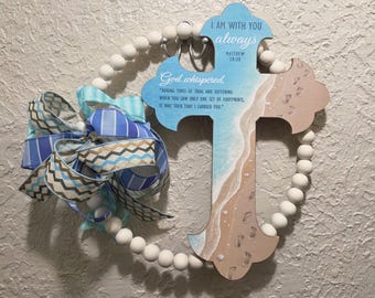 Wood Bead Wreath - Cross - Neutral Colors - Handcrafted