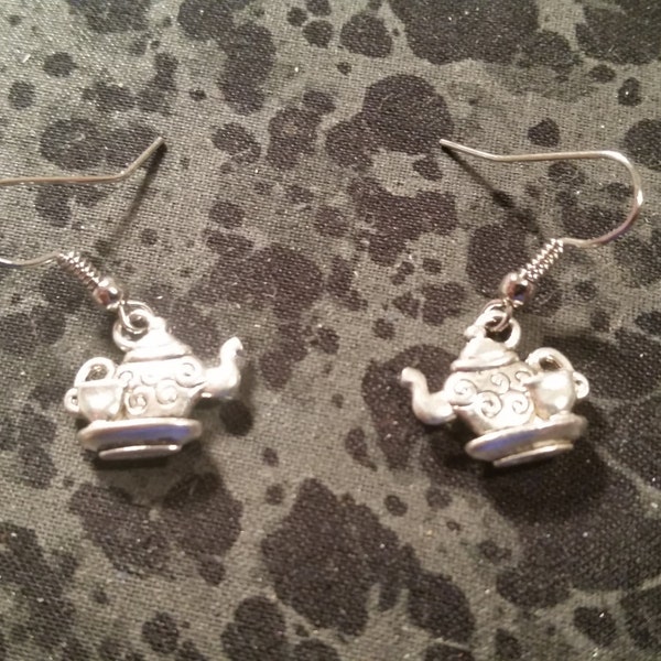 Tea Pot Earrings - Silver Tone - 3-D