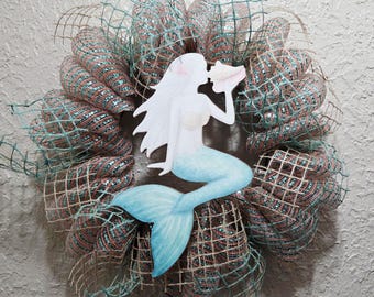 Mermaid Wreath - Neutral Colors - Deco Mesh and Ribbon - Handmade