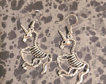 Unicorn Skeleton Earrings - Silver Tone
