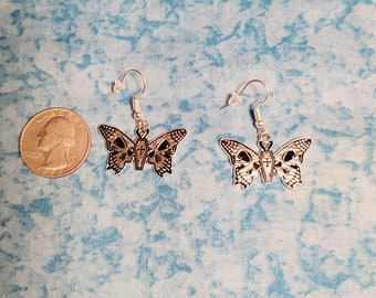 Skull and Coffin Butterfly / Moth Earrings - Silver Tone
