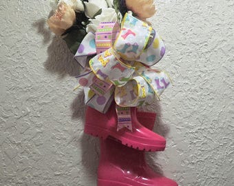 Floral Rainboot  Wall Hanging - Spring - Pink - Ribbon - Handmade