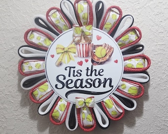 Softball Wreath - Daisy Link Style - Burlap and Deco Mesh with Ribbon