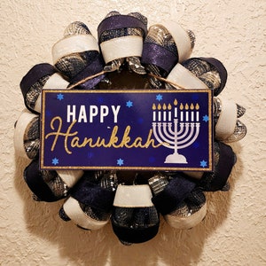 Happy Hanukkah Wreath - Menorah - Fabric and Ribbon