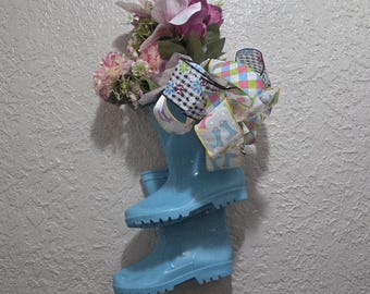 Floral Rainboot  Wall Hanging - Spring - Turquoise - Ribbon - Handmade