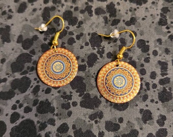 Mandala Pattern Earrings - Enamel on Gold Tone