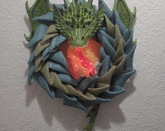 Dragon Wreath - Earth Dragon - Greens - Poly Burlap Mesh - Lighted - Handmade