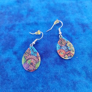 Filigree Teardrop Rainbow Earrings - Enamel on Silver Tone