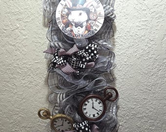 Wonderland Inspired Door Swag Wreath - White Rabbit - Deco Mesh & Ribbon